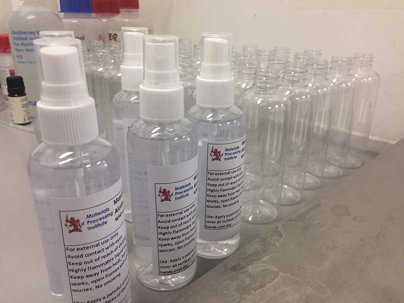 The finished hand sanitiser bottles.